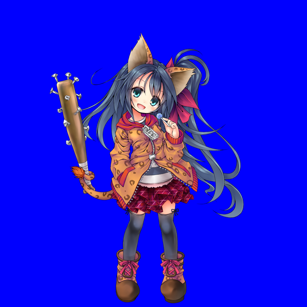 1girl, :d, animal_ears, balulu_alma, bangs, baseball_bat, black_hair, black_legwear