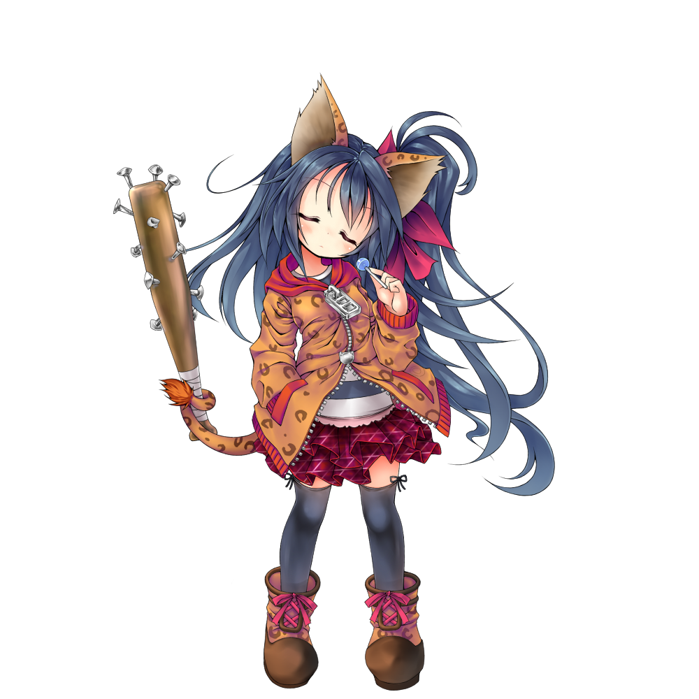 1girl, animal_ears, balulu_alma, bangs, baseball_bat, black_hair, black_legwear, blush