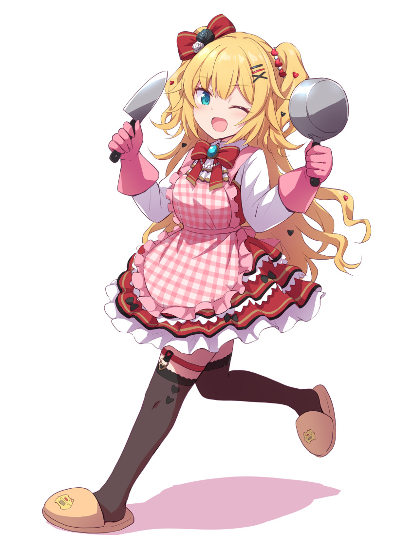 1girl, ;d, akai_haato, apron, bangs, black_flower, black_legwear, black_rose