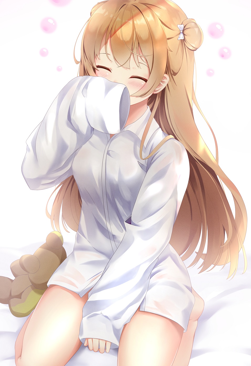 1girl, bangs, barefoot, bed_sheet, between_legs, blush, bow, brown_hair