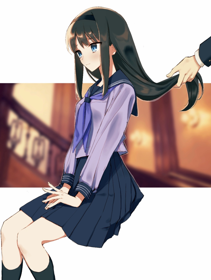 1boy, 1girl, bangs, black_hair, black_hairband, black_legwear, black_sailor_collar, black_skirt