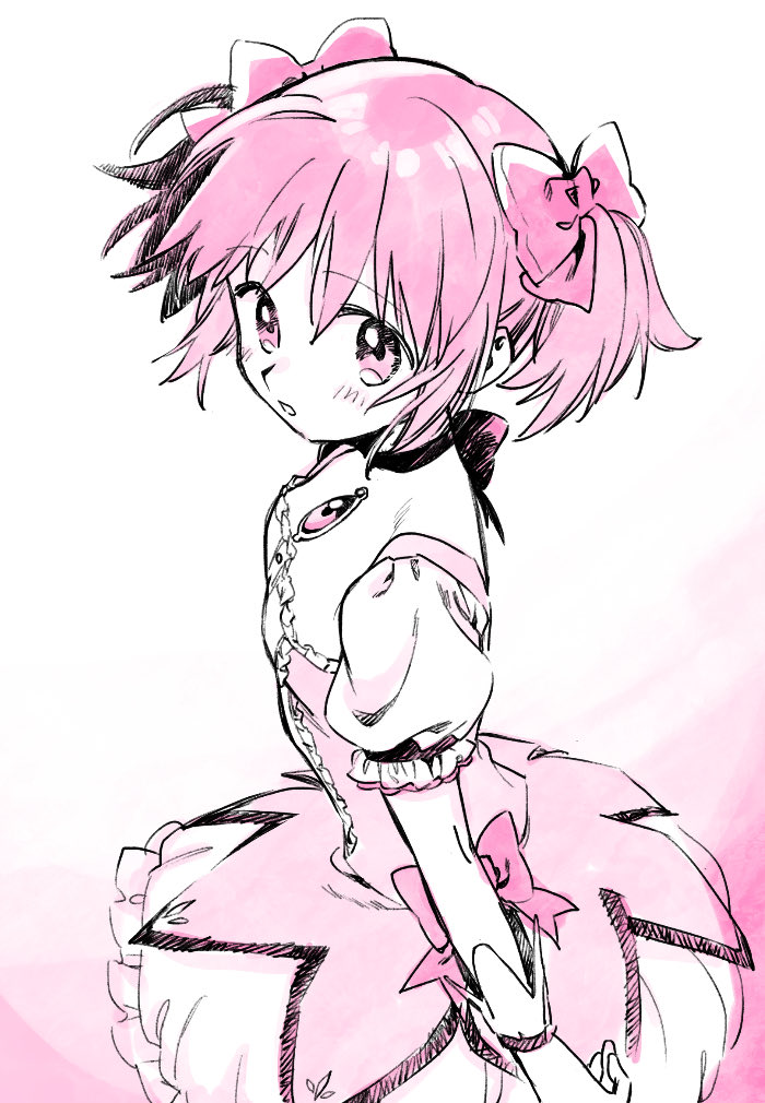 1girl, :o, arms_at_sides, breasts, bubble_skirt, choker, commentary, expressionless, eyebrows_visible_through_hair, facing_viewer, floating_hair, frilled_skirt, frilled_sleeves, frills, from_above, gloves, gradient, gradient_background, hair_ribbon, kaname_madoka, light_blush, looking_afar, looking_back, mahou_shoujo_madoka_magica, monochrome, no+bi=, parted_lips, pink_background, pink_eyes, pink_hair, pink_ribbon, pink_theme, puffy_short_sleeves, puffy_sleeves, ribbon, ribbon_choker, shiny, shiny_hair, short_sleeves, short_twintails, sidelocks, simple_background, skirt, small_breasts, solo, soul_gem, symbol_commentary, tareme, twintails, upper_body, white_background