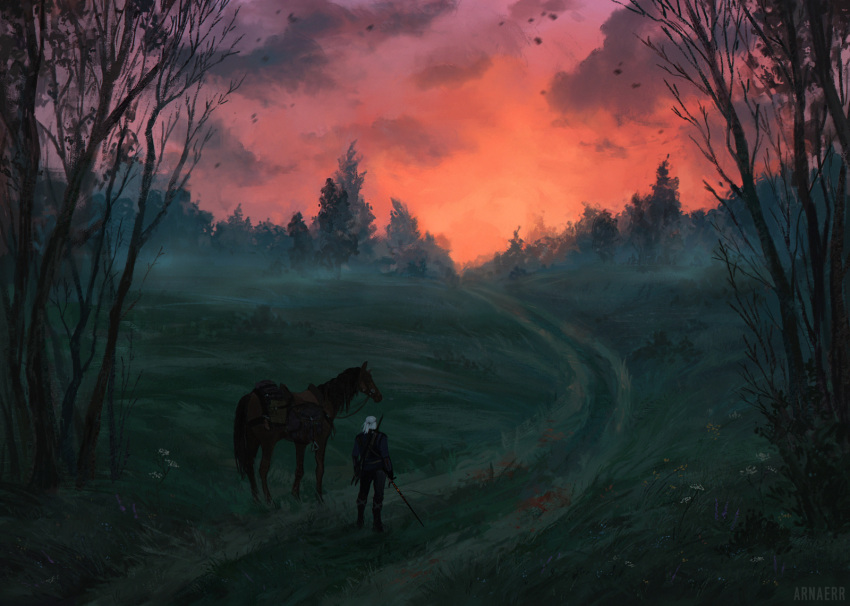1boy, animal, arnaerr, artist_name, blood, blood_on_ground, boots, clouds, cloudy_sky, commentary, english_commentary, evening, fog, forest, from_behind, geralt_of_rivia, gloves, grass, highres, holding, holding_sword, holding_weapon, horse, long_sleeves, looking_away, male_focus, manly, medium_hair, nature, roach_(witcher), road, scenery, sky, solo, standing, sword, sword_behind_back, the_witcher, trail, tree, weapon, white_hair, wide_shot