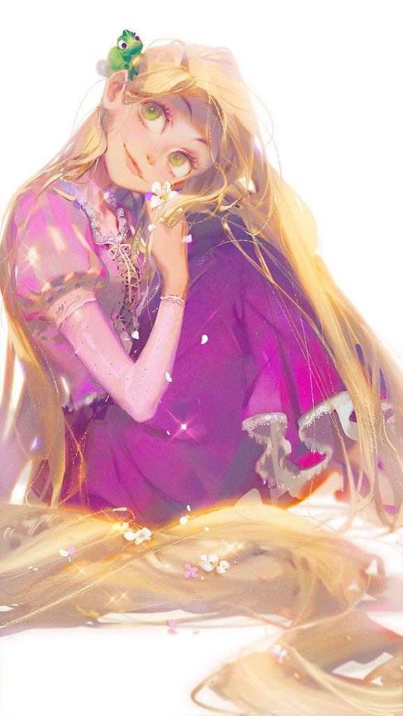 1girl, absurdly_long_hair, animal, animal_on_head, big_eyes, blonde_hair, breasts, chameleon