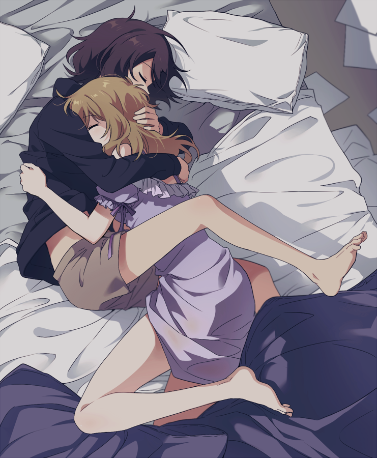 2girls, bed, black_shirt, blanket, blonde_hair, brown_hair, brown_shorts, closed_eyes