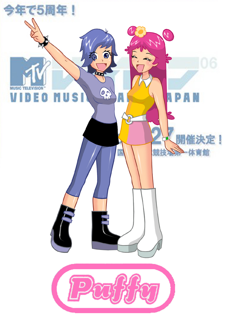 2girls, ami_onuki, cowboy_shot, hand_up, hi_hi_puffy_amiyumi, highres, japanese_text, open_mouth