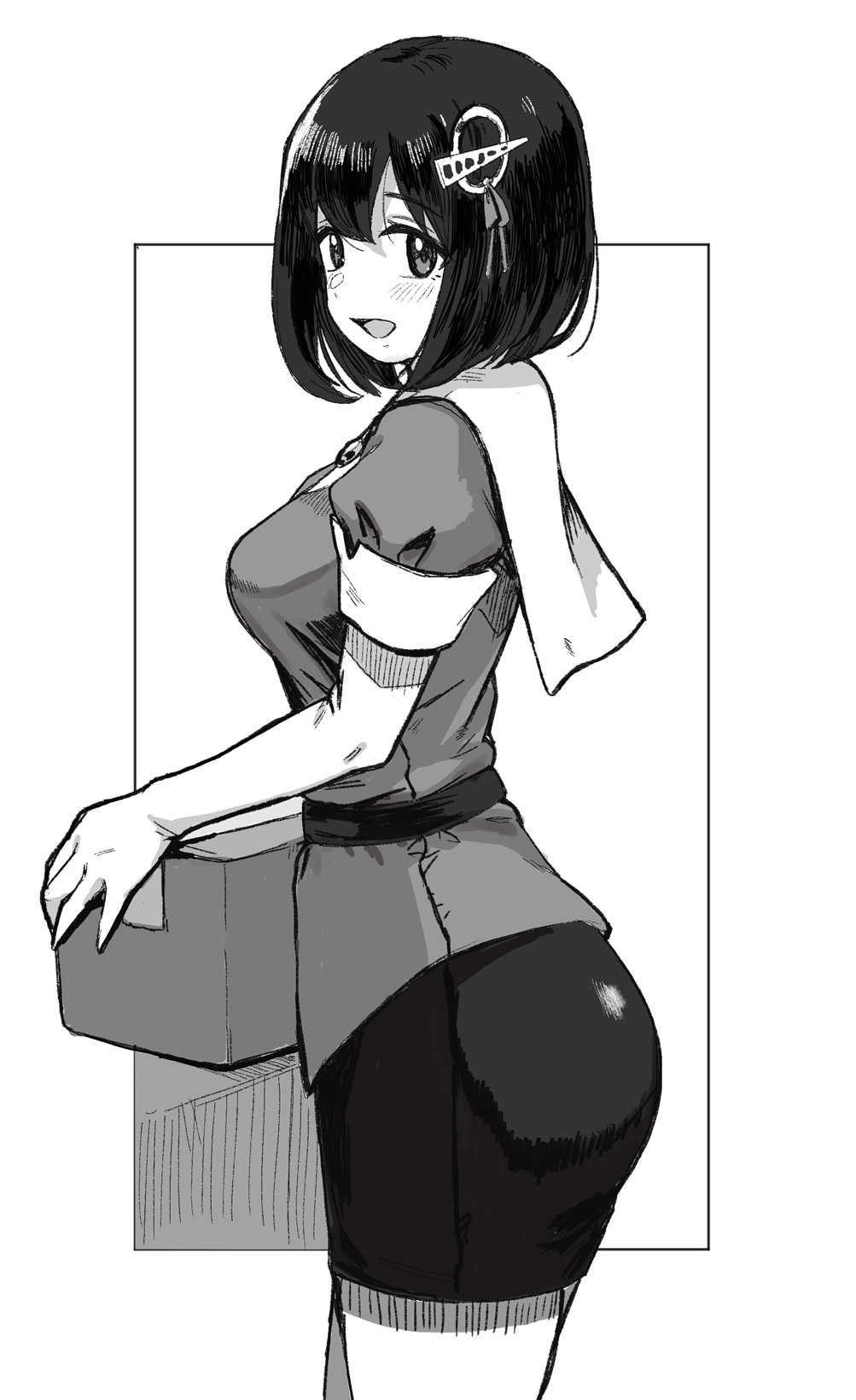 1girl, bangs, blush, box, breasts, cardboard_box, elbow_gloves, gloves