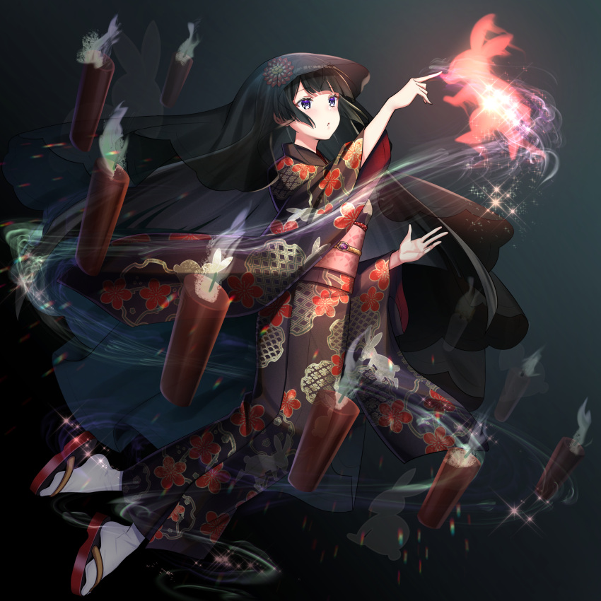 1girl, absurdres, animal_print, bangs, black_eyes, black_hair, black_kimono, blurry