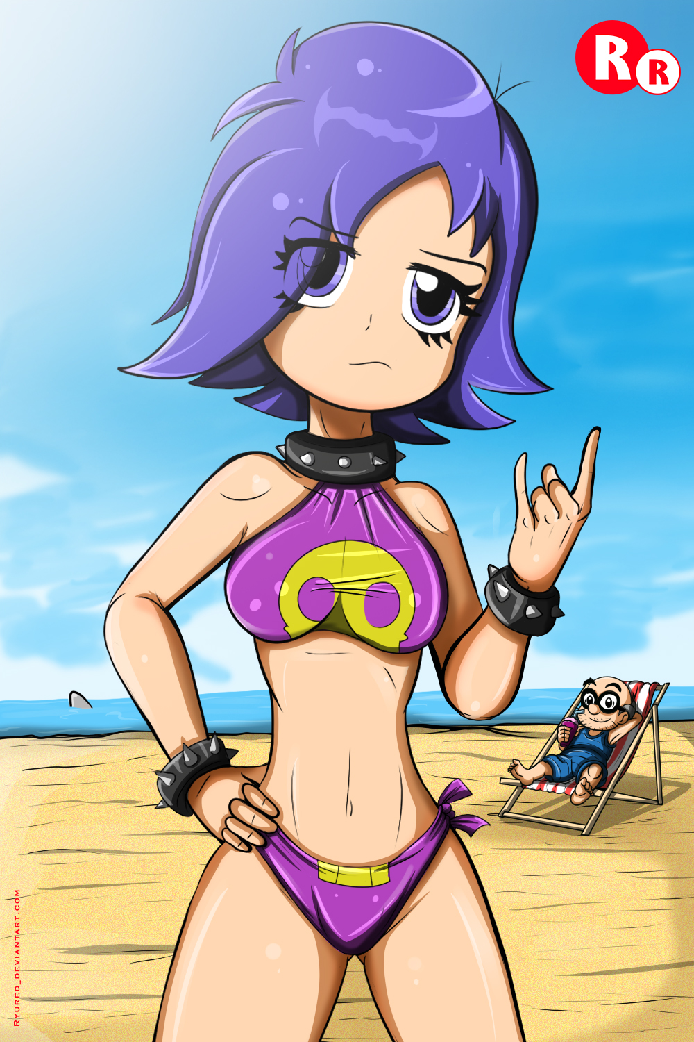 1boy, 1girl, beach, bikini, blue_eyes, chair, closed_mouth, hand_up