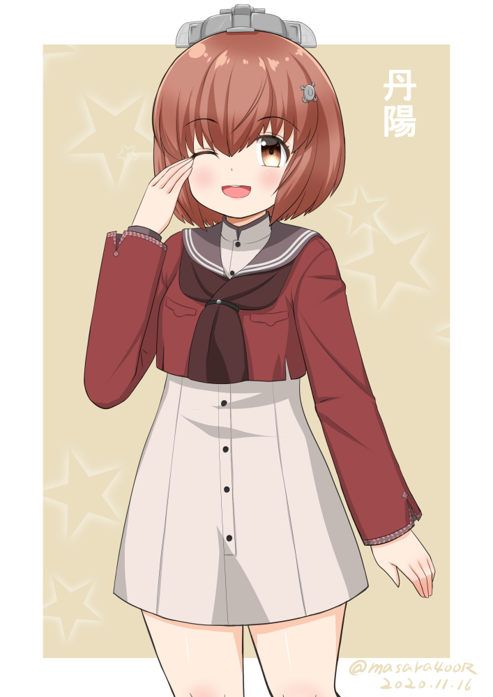 1girl, brown_eyes, brown_hair, brown_neckwear, character_name, commentary_request, cowboy_shot, dress