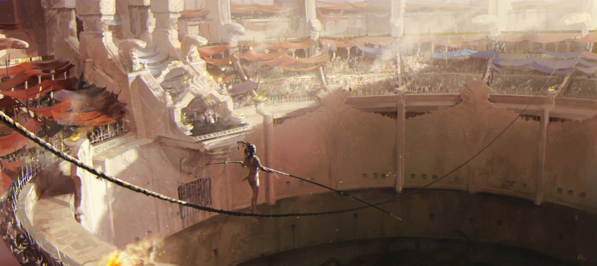 1girl, architecture, arena, audience, balancing, brazier, colosseum, day, english_commentary, fire, from_behind, greco-roman_architecture, highres, nude, original, rukkits, scabbard, scenery, sheath, slackwire, solo_focus, sunlight, tightrope, walking, water