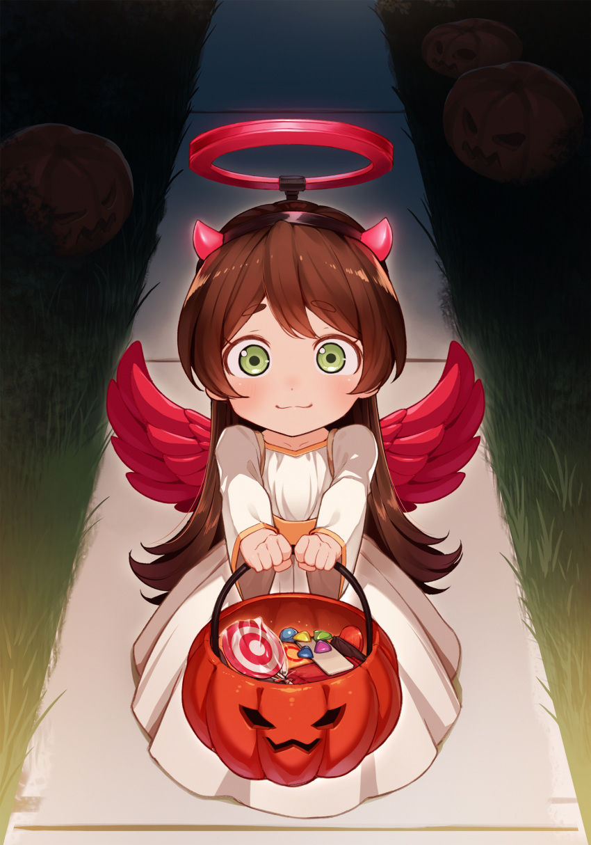 1girl, absurdres, angel, brown_hair, candy, closed_mouth, costume, demon, demon_horns, dress, fake_halo, food, grass, green_eyes, halloween, halloween_bucket, highres, holding, horns, jack-o'-lantern, lawn, lollipop, looking_at_viewer, manamachii, night, original, path, sidewalk, smile, solo, trick_or_treat, white_dress, wide-eyed