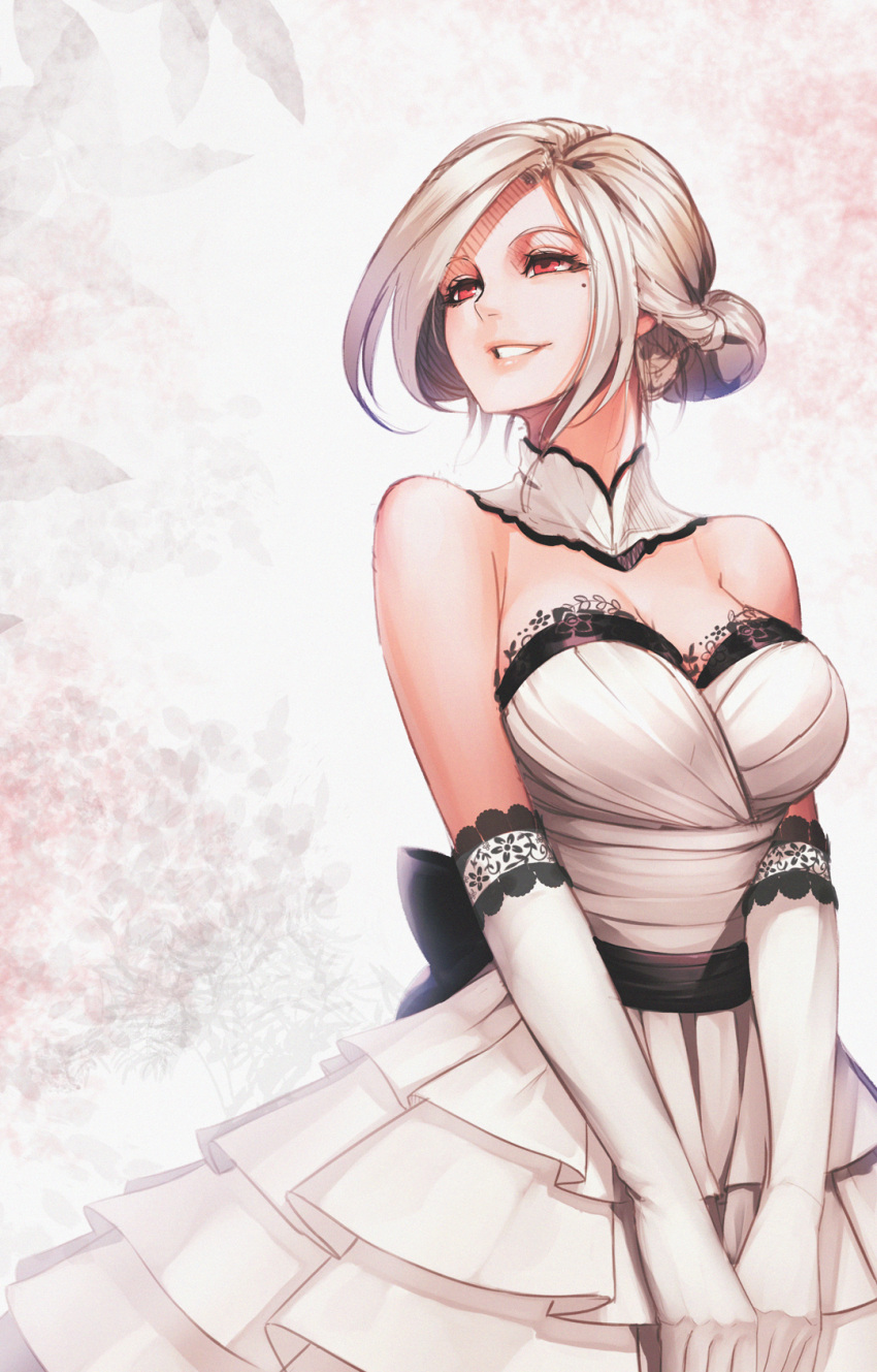 1girl, asymmetrical_hair, black_dress, blonde_hair, bloom, breasts, cowboy_shot, detached_collar, dress, elbow_gloves, frilled_dress, frills, gloves, grin, hair_bun, half-closed_eyes, hands_together, highres, lace-trimmed_dress, lace-trimmed_gloves, lace_trim, large_breasts, leaf, lips, looking_to_the_side, manamachii, mole, mole_under_eye, original, princess, smile, solo, strapless, strapless_dress, wedding_dress, white_background, white_dress, white_gloves