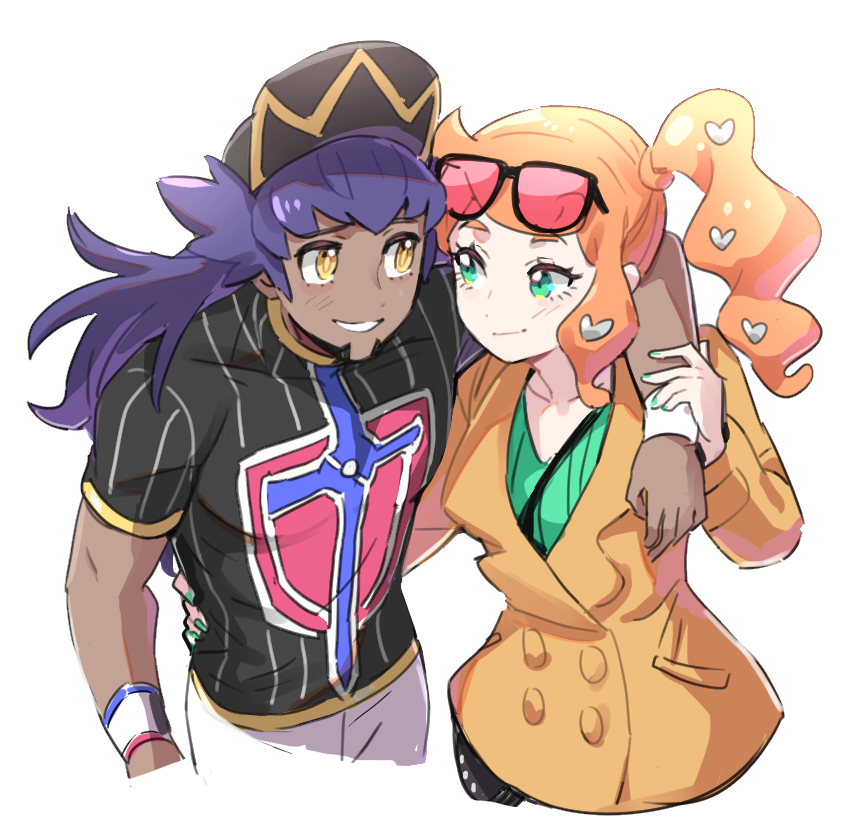 1boy, 1girl, baseball_cap, brown_coat, champion_uniform, coat, dark_skin, dark_skinned_male