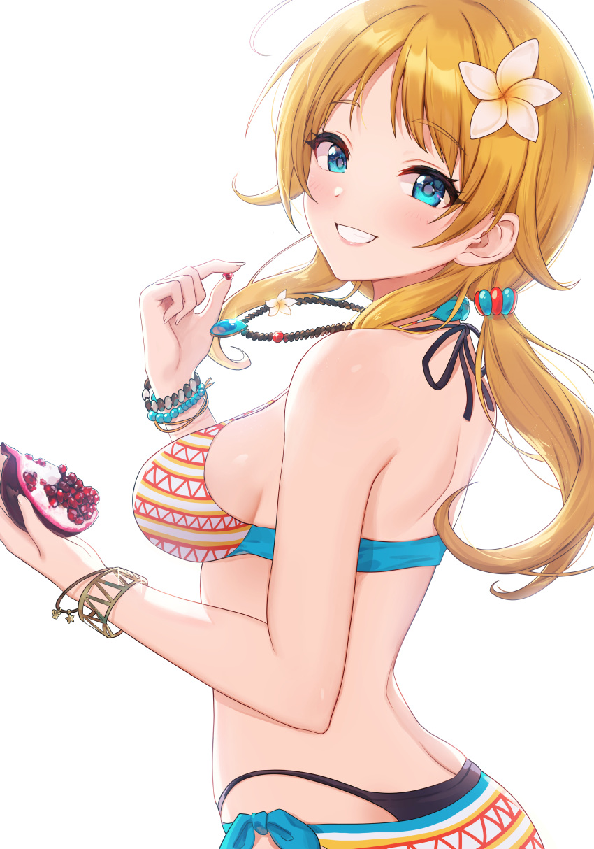 1girl, :d, absurdres, ass, back, bangs, bare_shoulders, bikini, blonde_hair, blue_eyes, blue_ribbon, blush, bracelet, breasts, butt_crack, eyebrows_visible_through_hair, flower, food, from_behind, fruit, hachimiya_meguru, hair_flower, hair_ornament, highres, holding, holding_food, idolmaster, idolmaster_shiny_colors, jewelry, long_hair, looking_at_viewer, looking_back, low_twintails, medium_breasts, multicolored, multicolored_bikini, multicolored_clothes, necklace, open_mouth, pn_(wnsl216), pomegranate, ribbon, side-tie_bikini, sideboob, simple_background, smile, solo, swimsuit, twintails, upper_body, white_background, white_flower