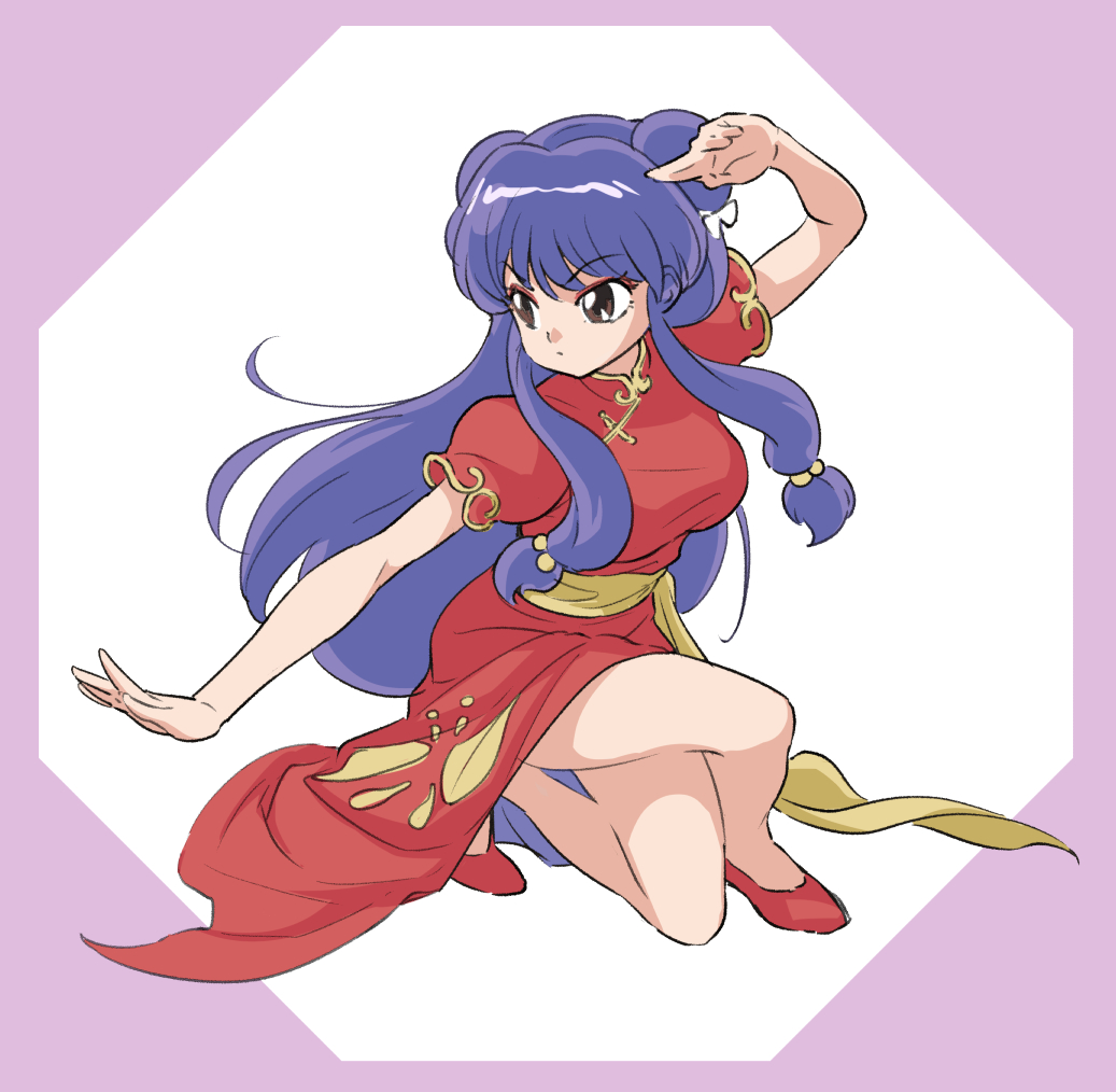 1girl, bangs, bow, breasts, brown_eyes, closed_mouth, crossed_legs, double_bun, dress, ears_visible_through_hair, eyebrows_visible_through_hair, eyeliner, full_body, hair_bow, large_breasts, long_hair, looking_away, makeup, octagon, puffy_short_sleeves, puffy_sleeves, purple_hair, ranma_1/2, red_dress, red_footwear, sash, shampoo_(ranma_1/2), short_sleeves, sjw_kazuya, slippers, solo, white_bow