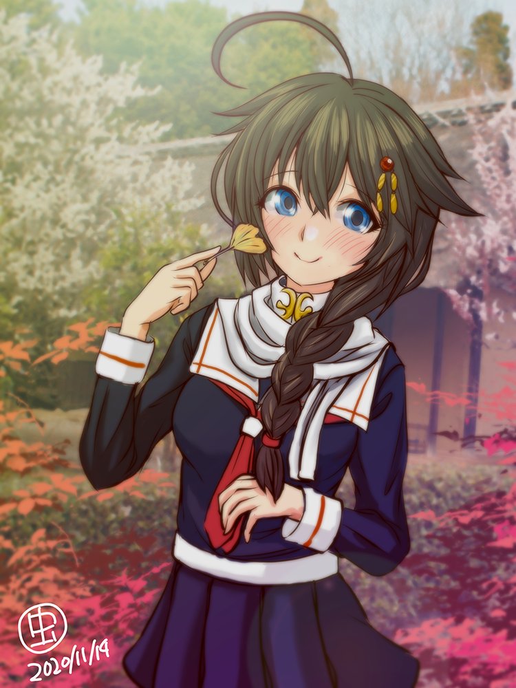 1girl, adapted_costume, ahoge, alternate_sleeve_length, artist_logo, autumn_leaves, black_hair, black_serafuku