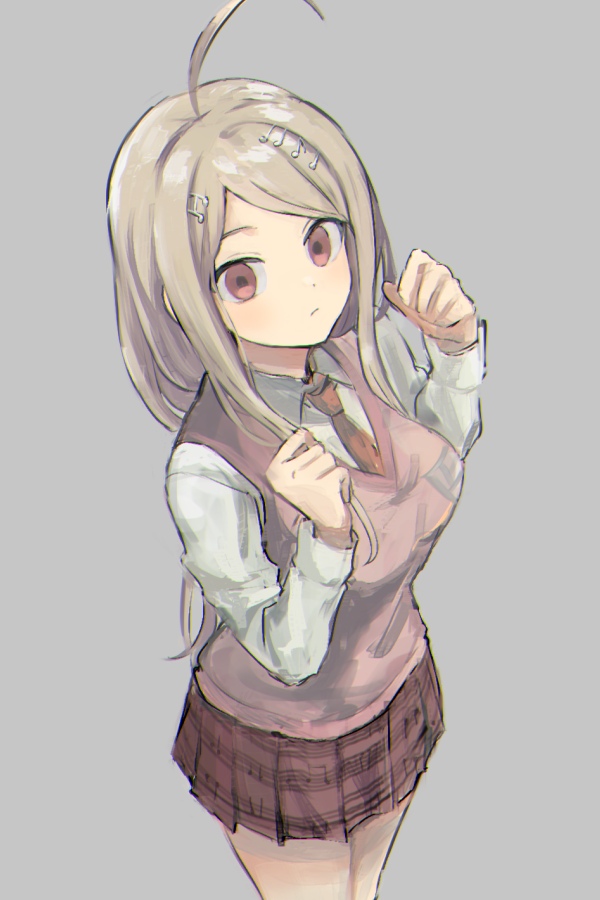 1girl, ahoge, akamatsu_kaede, bangs, beamed_eighth_notes, blonde_hair, breasts, clenched_hands