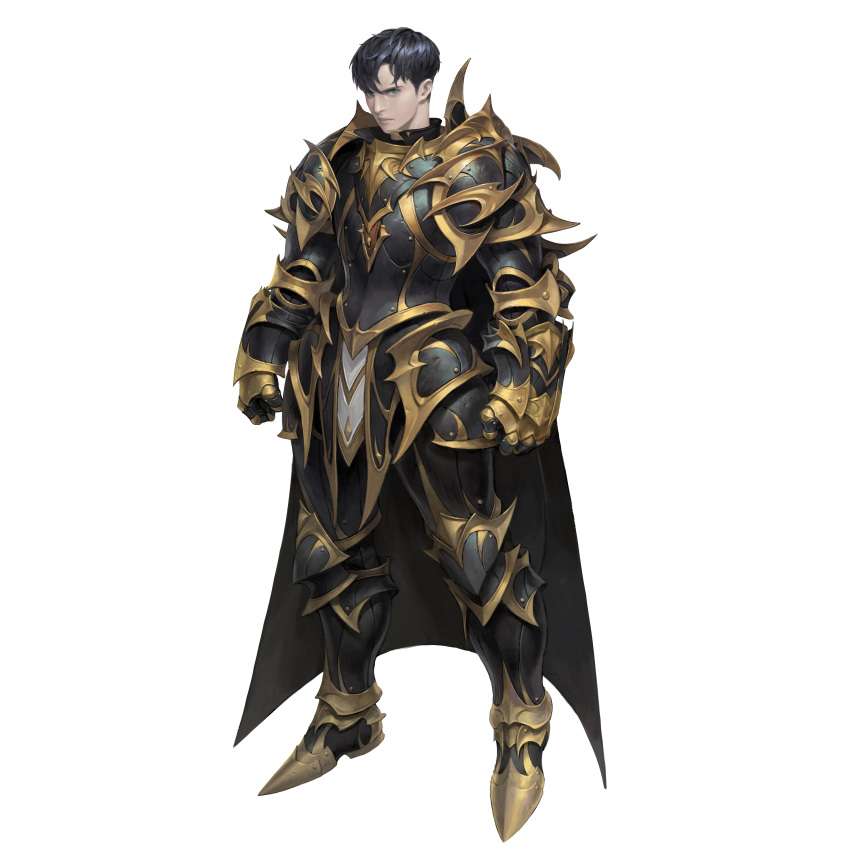 1boy, absurdres, armor, black_armor, black_cape, black_hair, breastplate, cape, clenched_hands, closed_mouth, gauntlets, gold, gold_trim, greaves, green_eyes, hair_between_eyes, highres, ji_ho_song, knight, male_focus, original, scratches, simple_background, solo, standing, vambraces, white_background