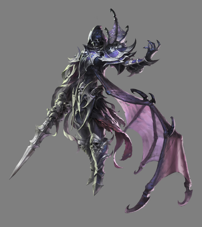 absurdres, animal_skull, armor, bird_skull, black_nails, blade, demon_wings, fingernails