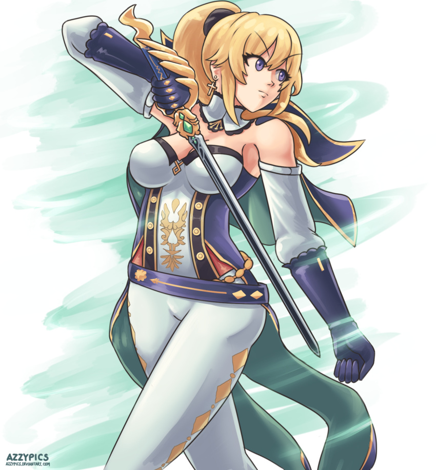 azzypics, bangs, bare_shoulders, blonde_hair, blue_capelet, blue_eyes, blue_gloves, bow, capelet, coattails, earrings, genshin_impact, gloves, highres, holding, holding_sword, holding_weapon, jean_(genshin_impact), jewelry, looking_to_the_side, pants, ponytail, solo, sword, tight, tight_pants, weapon