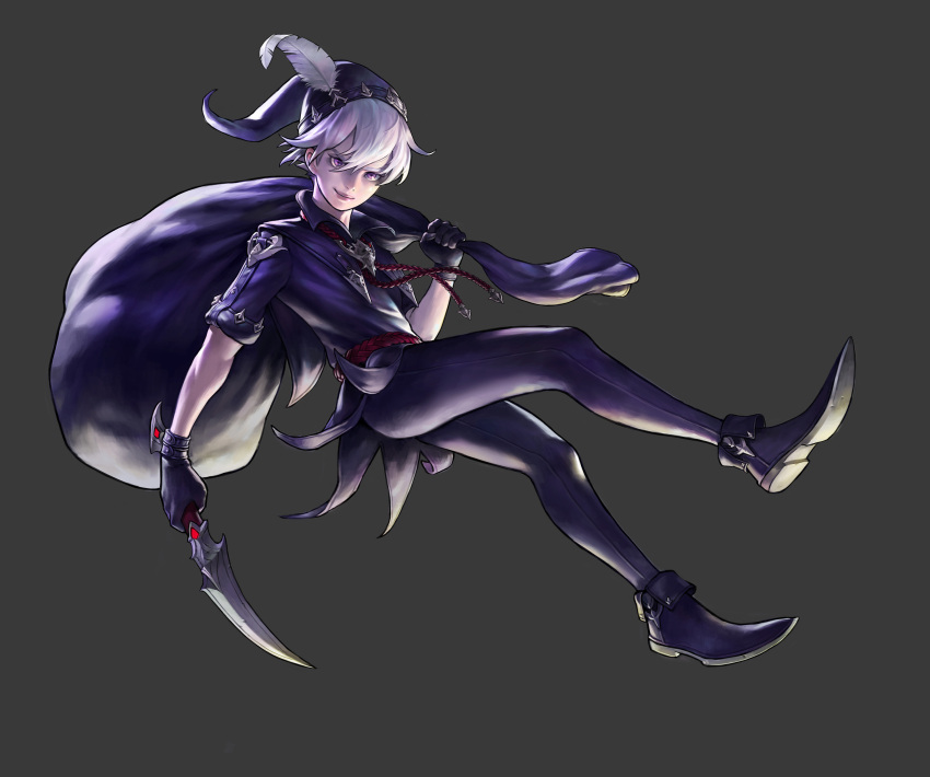1boy, absurdres, belt, black_gloves, closed_mouth, dagger, dark_persona, feathers