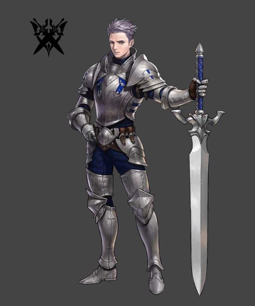 1boy, absurdres, armor, breastplate, closed_mouth, gauntlets, greaves, grey_background, hand_on_hip, highres, holding, holding_sword, holding_weapon, ji_ho_song, knight, light_purple_hair, male_focus, original, purple_hair, simple_background, solo, standing, sword, turtleneck, vambraces, violet_eyes, weapon