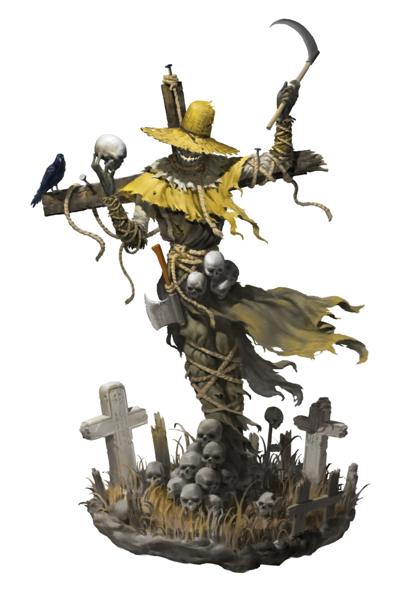 absurdres, animal, axe, bird, cross, crow, fingernails, grass