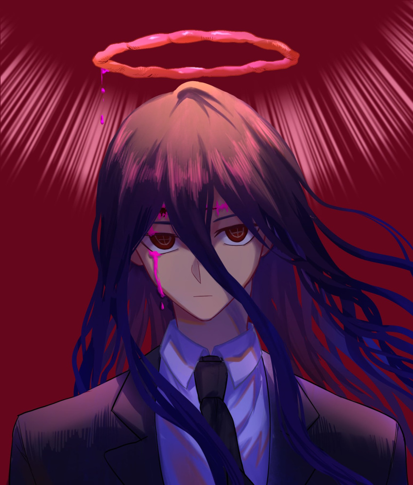 1boy, black_hair, black_neckwear, black_suit, blood, bloody_tears, bullet_hole, chainsaw_man