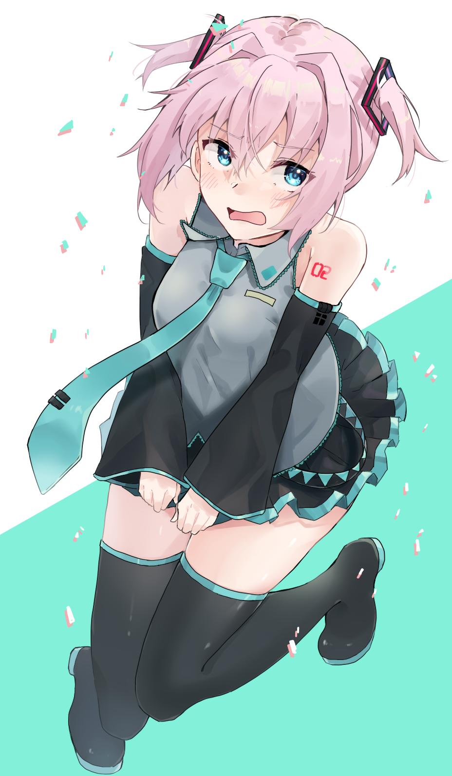 1girl, alternate_hairstyle, aqua_neckwear, bad_anatomy, bad_perspective, black_footwear, black_skirt, blue_eyes