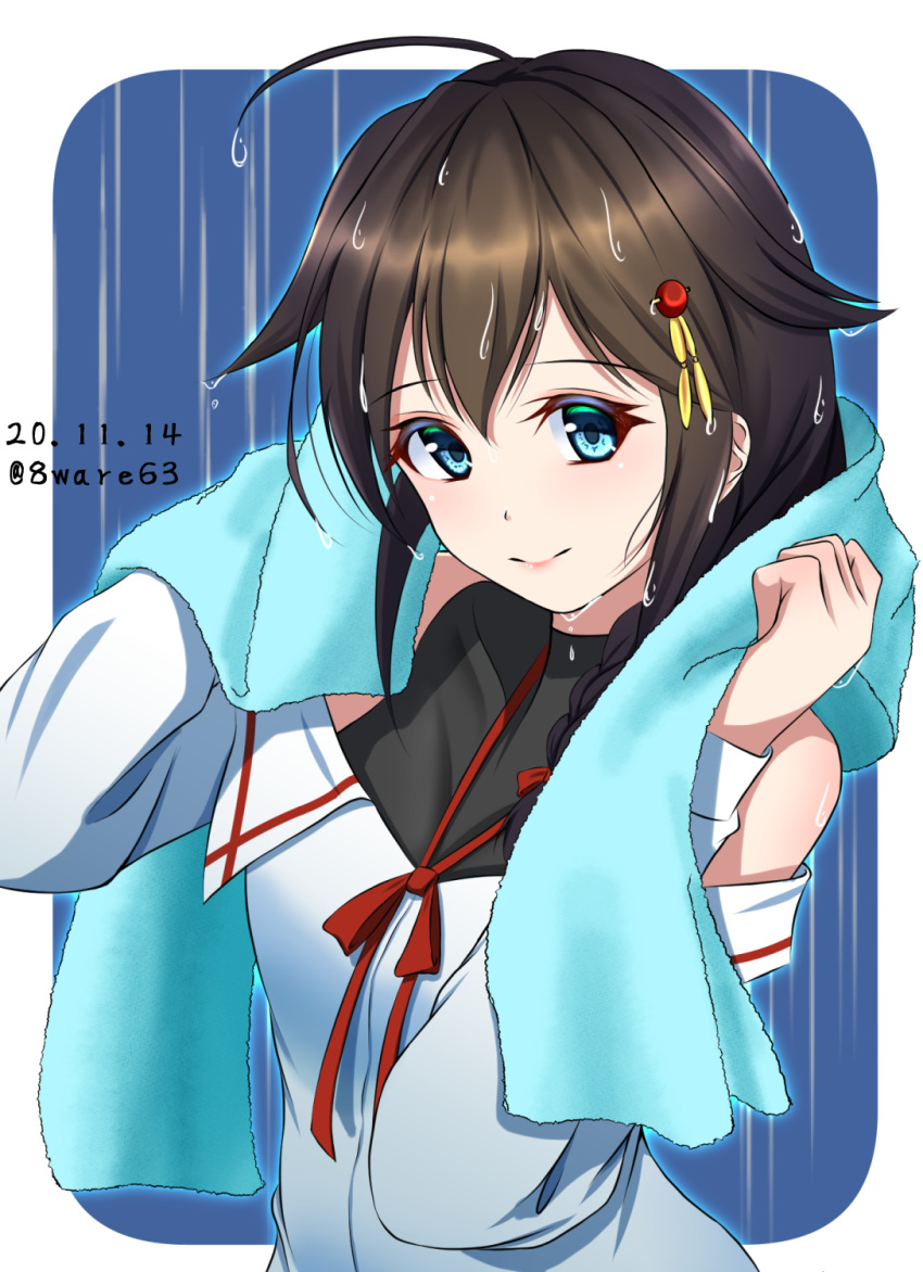 1girl, ahoge, alternate_costume, bare_shoulders, black_hair, black_undershirt, blue_eyes, blue_towel