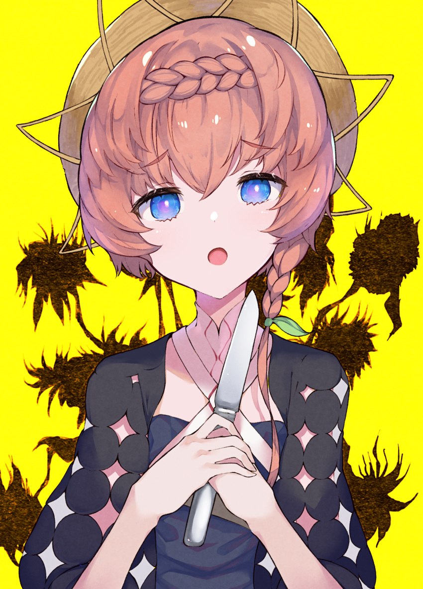1girl, :o, blue_eyes, braid, braided_bangs, bright_pupils, brothercoral, brown_hair, dress, fate/grand_order, fate_(series), hair_over_shoulder, head_tilt, highres, holding, holding_knife, knife, long_hair, looking_at_viewer, puffy_sleeves, single_braid, solo, van_gogh_(fate), white_pupils, yellow_headwear
