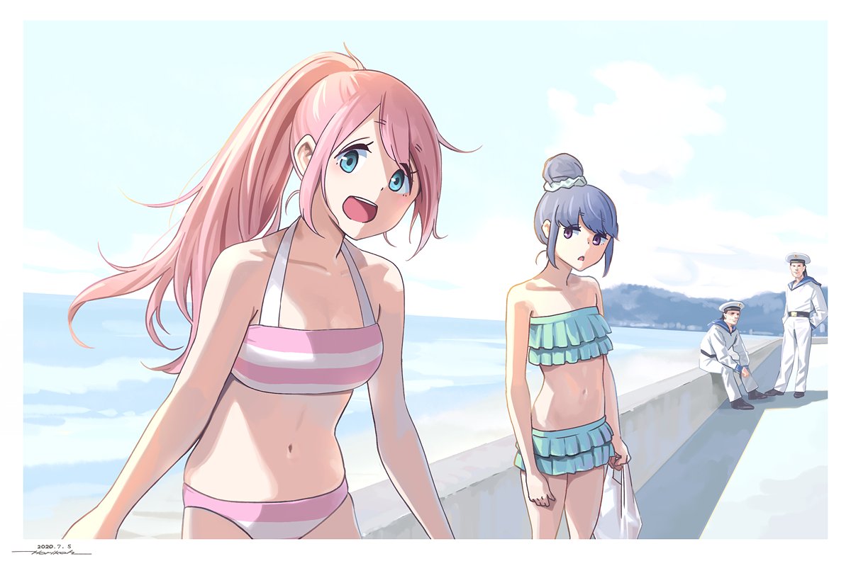 2boys, 2girls, :d, alternate_hairstyle, bag, bikini, blue_bikini, blue_eyes, blue_hair, blue_sailor_collar, blue_sky, border, clouds, dated, day, frilled_bikini, frills, grocery_bag, hat, holding, horikou, horizon, kagamihara_nadeshiko, looking_at_viewer, military, military_uniform, multiple_boys, multiple_girls, navel, ocean, open_mouth, outdoors, pink_bikini, pink_hair, ponytail, real_life, sailor, sailor_collar, sailor_hat, shima_rin, shopping_bag, signature, sky, smile, soldier, soviet_navy, standing, striped, striped_bikini, swimsuit, uniform, violet_eyes, white_border, yurucamp