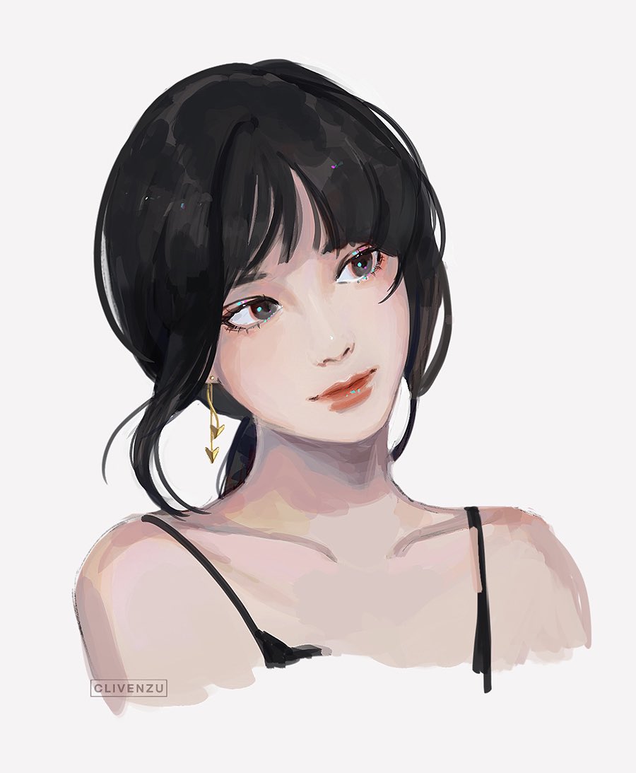 1girl, artist_name, black_eyes, black_hair, clivenzu, closed_mouth, commentary, earrings, english_commentary, head_tilt, heart, heart_earrings, jewelry, lipstick, makeup, original, ponytail, portrait, red_lips, red_lipstick, simple_background, solo, spaghetti_strap, upper_body, white_background