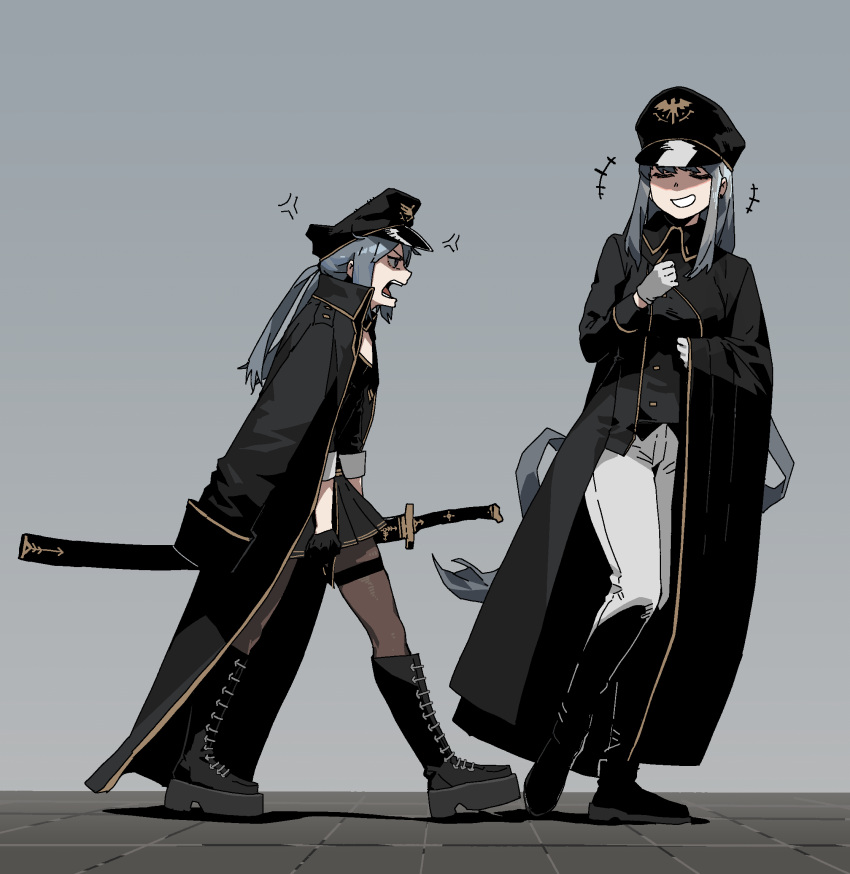 +++, 2girls, :d, anger_vein, black_coat, black_footwear, black_gloves, black_headwear