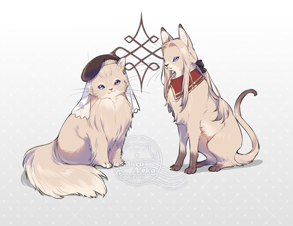 animalization, beret, black_headwear, black_ribbon, blue_eyes, brother_and_sister, cat, crest_of_lamine, fire_emblem, fire_emblem:_three_houses, gradient, gradient_background, grey_background, hair_ribbon, hat, jeritza_von_hrym, maruneko, mercedes_von_martritz, no_humans, ribbon, shadow, siblings, veil, violet_eyes