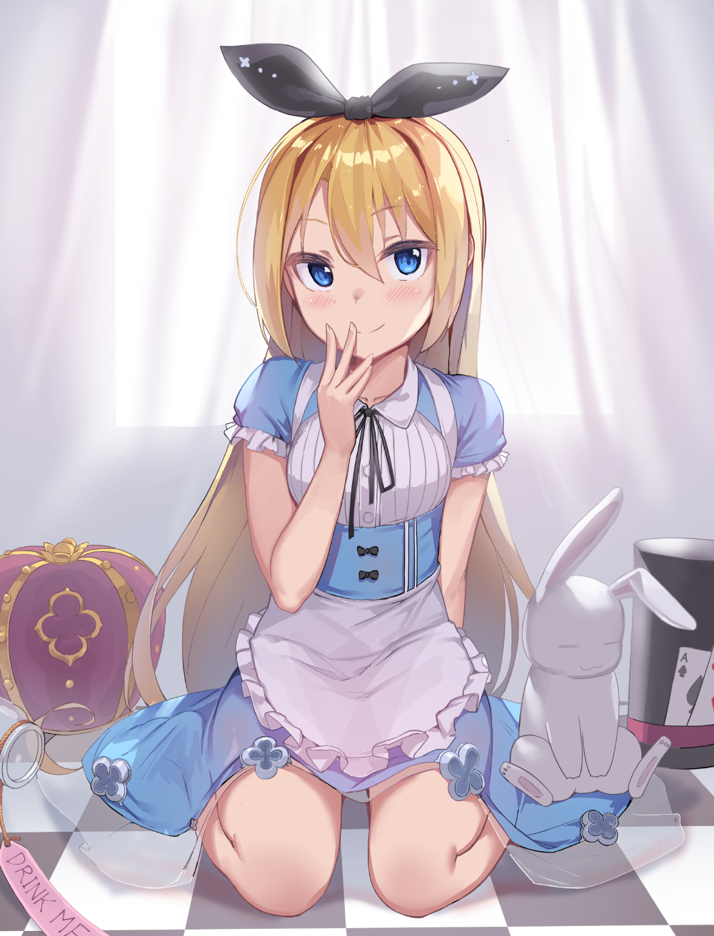1girl, ace_of_spades, alice_(wonderland), alice_in_wonderland, animal, apron, bangs, black_headwear, black_ribbon, blonde_hair, blue_dress, blue_eyes, blush, card, checkered, checkered_floor, closed_mouth, commentary_request, crown, curtains, dress, drink_me, eyebrows_visible_through_hair, frilled_apron, frilled_sleeves, frills, hair_between_eyes, hair_ribbon, hand_to_own_mouth, hand_up, hat, highres, long_hair, looking_at_viewer, newey, playing_card, rabbit, ribbon, see-through, short_sleeves, sitting, smile, solo, spade_(shape), top_hat, transparent, very_long_hair, waist_apron, wariza, white_apron, window