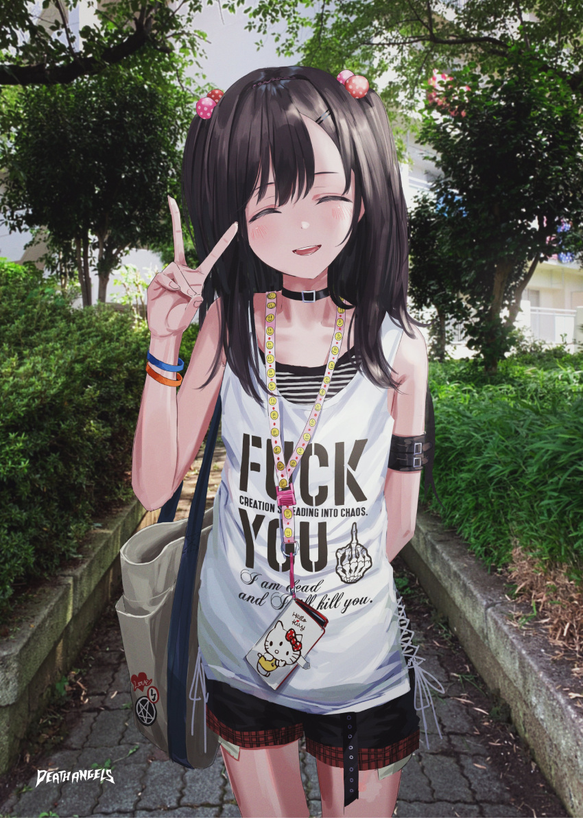 1girl, ^_^, absurdres, arm_garter, bag, black_choker, black_hair, black_shorts, blush, bracelet, cellphone, choker, closed_eyes, clothes_writing, hair_bobbles, hair_ornament, hairclip, hello_kitty, highres, index_finger_raised, jewelry, middle_finger, nadegata, open_mouth, original, outdoors, pentagram, phone, photo_background, polka_dot, profanity, revision, shirt, shorts, sleeveless, smile, smiley_face, solo, standing, stencil_lettering, tank_top, teeth, third_eye, twintails, two_side_up, v, white_shirt