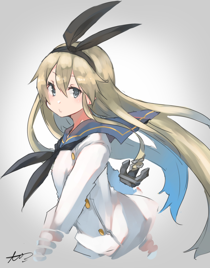 1girl, adapted_costume, black_neckwear, blonde_hair, blue_sailor_collar, blush, dress, grey_eyes, hair_between_eyes, highres, kantai_collection, long_hair, long_sleeves, neckerchief, sailor_collar, sailor_dress, shimakaze_(kantai_collection), signature, solo, sunday_aki, white_dress