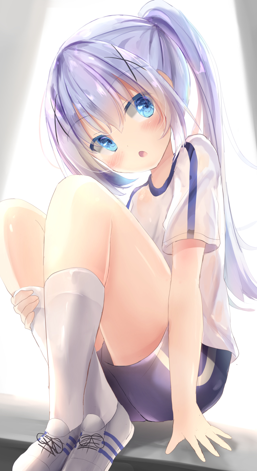1girl, :o, bangs, blue_eyes, blue_hair, blue_shorts, blush, commentary_request