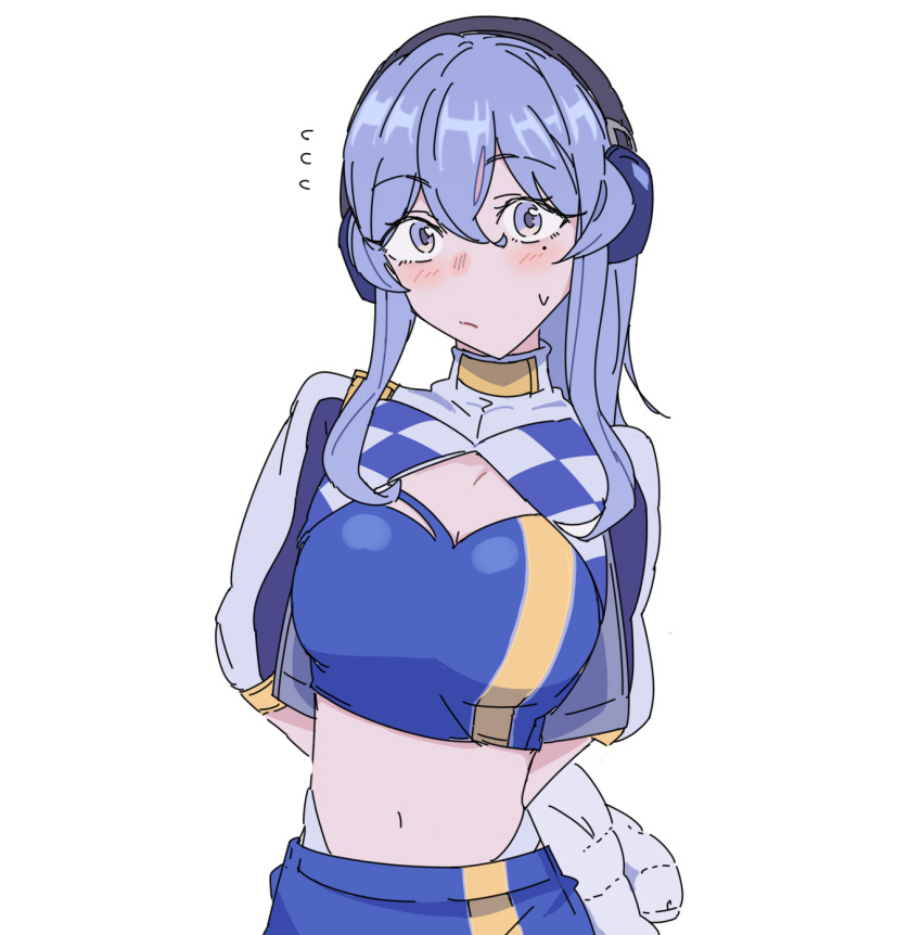 1girl, arms_behind_back, blue_eyes, blue_hair, blue_skirt, cowboy_shot, cropped_jacket, flying_sweatdrops, gotland_(kantai_collection), headphones, highres, jacket, kantai_collection, lolipaedq, long_hair, looking_at_viewer, midriff, miniskirt, mole, mole_under_eye, ponytail, racequeen, simple_background, skirt, solo, white_background, white_jacket