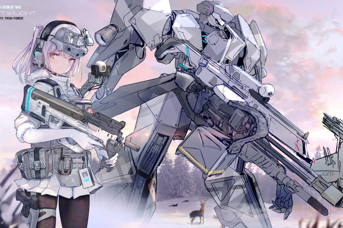 1girl, antlers, bulletproof_vest, camera, chain_gun, deer, eyewear_on_head, fur_trim