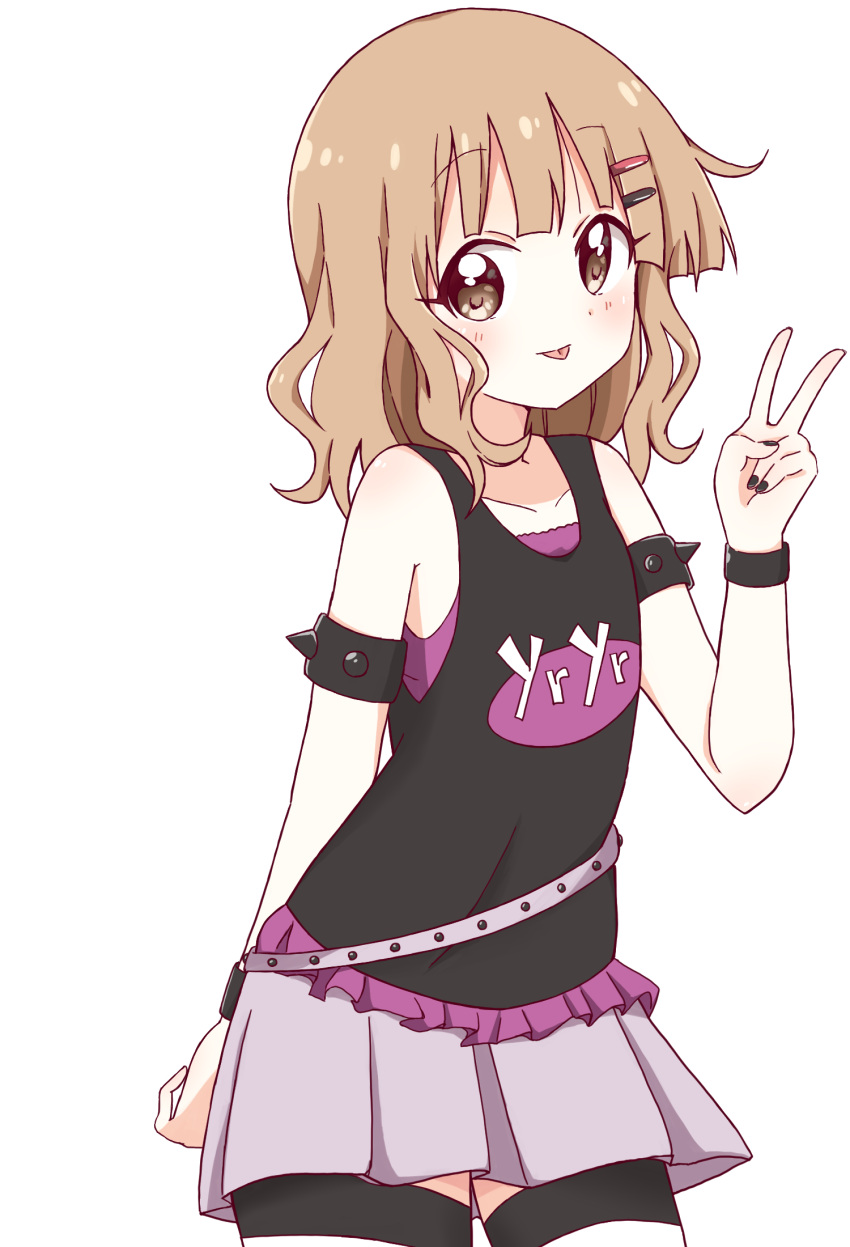 1girl, :p, arm_behind_back, armlet, bangs, black_nails, black_shirt, blunt_bangs
