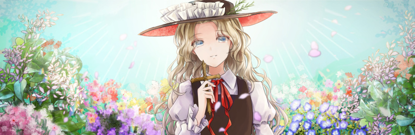 1girl, blonde_hair, brown_headwear, brown_vest, cross, dolls_in_pseudo_paradise, eyebrows_visible_through_hair, flower, frilled_hat, frills, happy, hat, highres, holding, holding_cross, jacket_girl_(dipp), juliet_sleeves, leaf, light_blue_hair, long_hair, long_sleeves, looking_at_viewer, open_mouth, outdoors, petals, poteimo_(poteimo622), puffy_sleeves, red_neckwear, red_ribbon, ribbon, shirt, sky, sunlight, touhou, vest, wavy_eyes, white_shirt