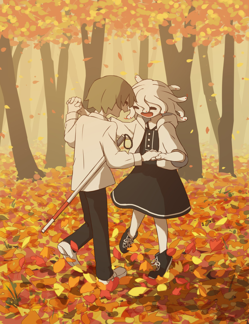 1boy, 1girl, absurdres, autumn_leaves, avogado6, bare_legs, black_dress, black_footwear