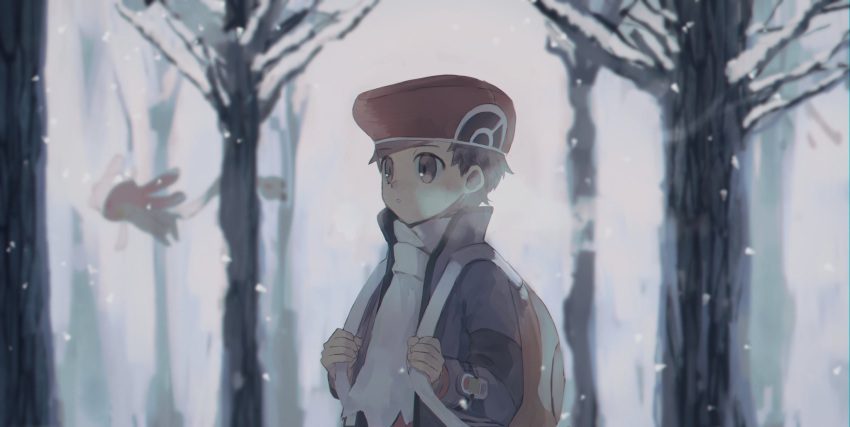 1boy, backpack, bag, bare_tree, blurry, blurry_background, breath, cold