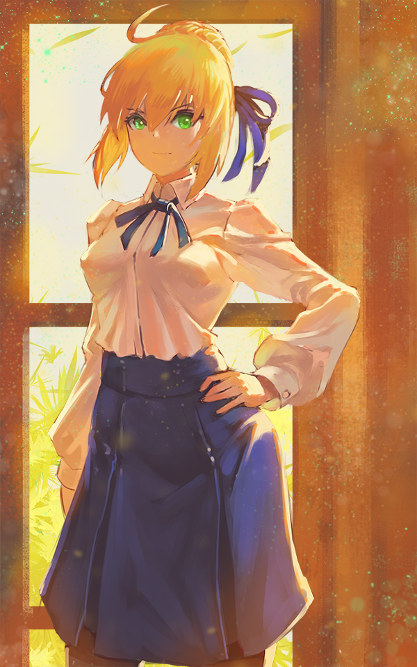 1girl, ahoge, artoria_pendragon_(all), bangs, black_legwear, blonde_hair, blue_neckwear, blue_ribbon