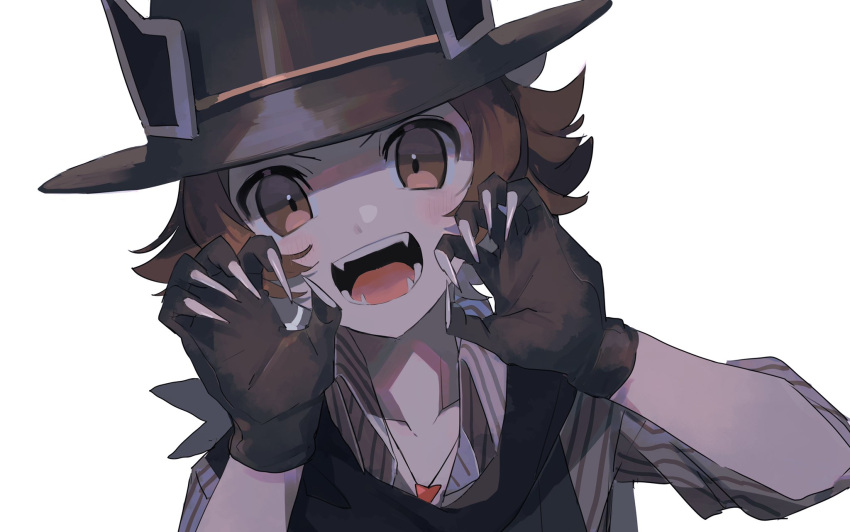 1boy, black_headwear, black_scarf, blush, brown_eyes, brown_hair, claw_pose, gloves