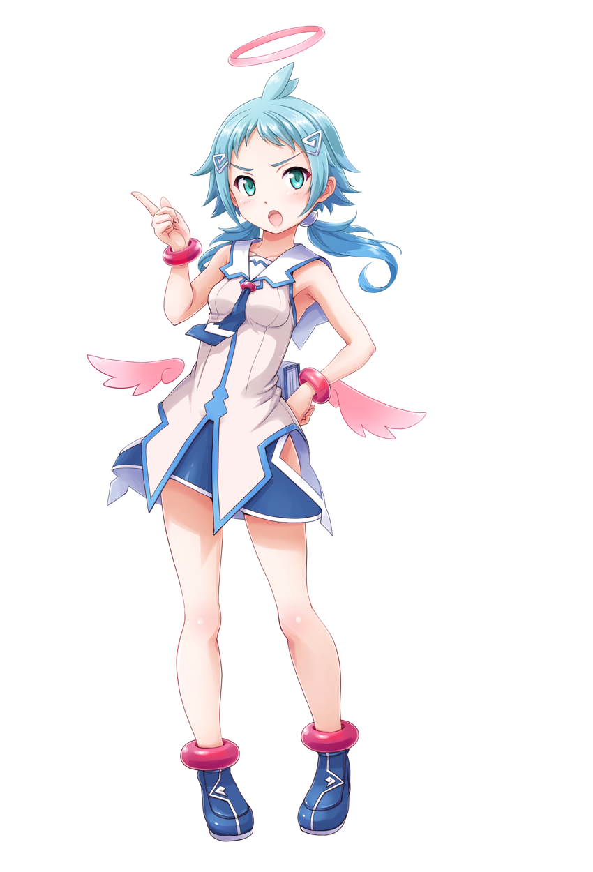 1girl, :o, aqua_eyes, blue_hair, detached_wings, ekoro_(galgun), full_body, gal_gun_(series), gal_gun_returns, hair_ornament, hairclip, halo, highres, index_finger_raised, long_hair, low_wings, masanori_ito, official_art, open_mouth, pink_wings, simple_background, skirt, sleeveless, solo, standing, twintails, v-shaped_eyebrows, white_background, wings