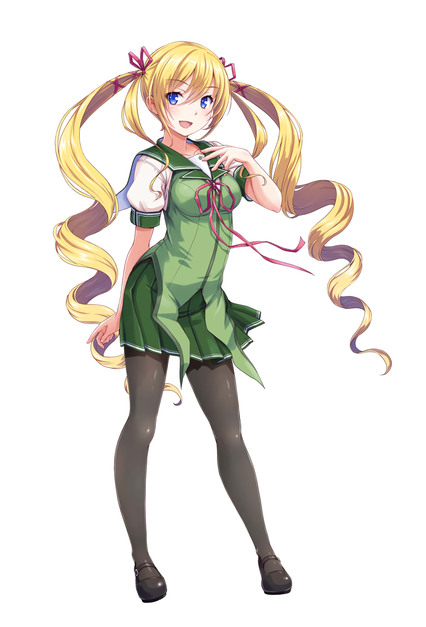 1girl, black_footwear, black_legwear, blue_eyes, drill_hair, eyebrows_visible_through_hair, full_body, gal_gun_(series), gal_gun_returns, green_skirt, hair_ribbon, highres, long_hair, looking_at_viewer, mary_janes, masanori_ito, official_art, open_mouth, pantyhose, pleated_skirt, ribbon, shoes, short_sleeves, simple_background, skirt, solo, standing, twintails, very_long_hair, white_background